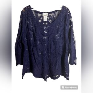 Navy Blue Simply Emma Embroidery Sheer Blouse